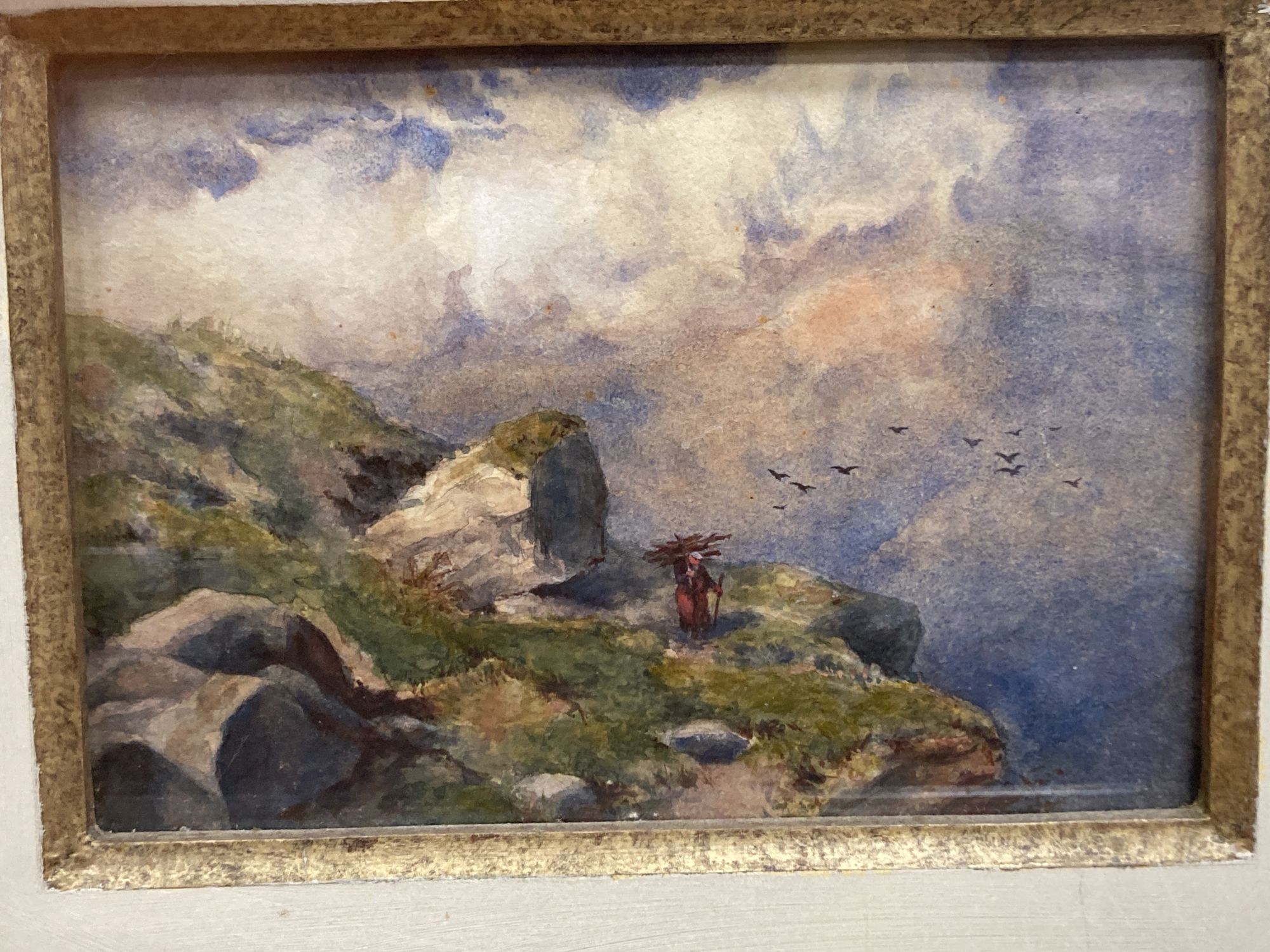 Victorian School, watercolour, River landscape under snow, 29 x 40cm and another watercolour of a Gleaner on a mountainside, 17 x 25cm
